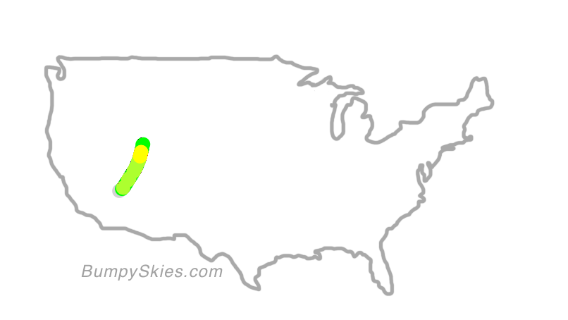 Map of continental US with illustrated flight path and turbulence forecast (described in text below)