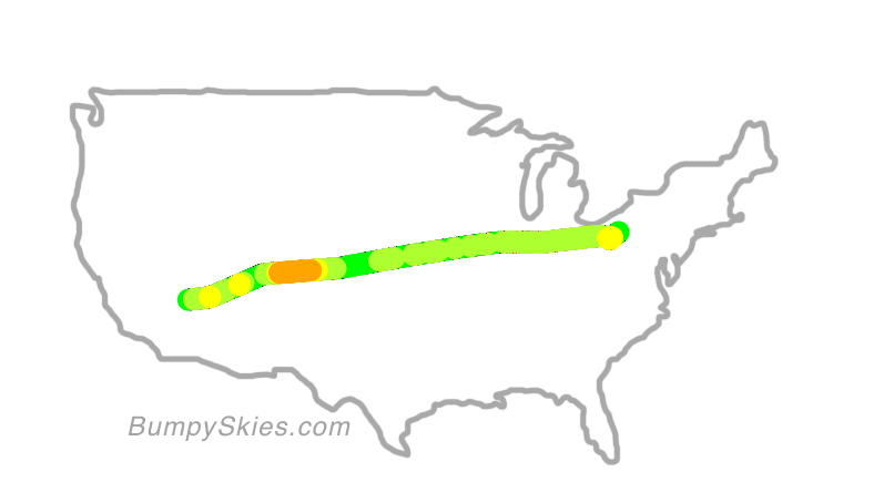 Map of continental US with illustrated flight path and turbulence forecast (described in text below)