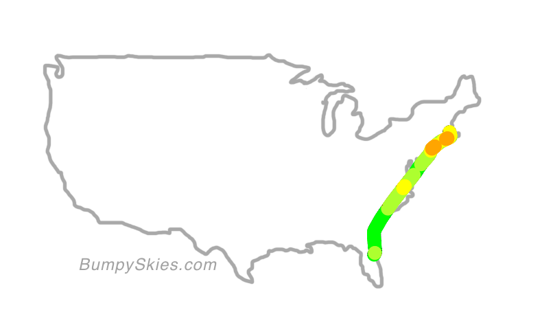 Map of continental US with illustrated flight path and turbulence forecast (described in text below)