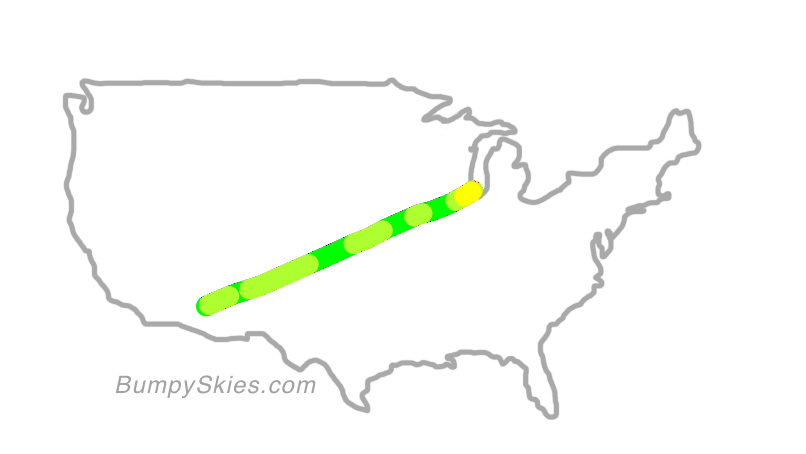 Map of continental US with illustrated flight path and turbulence forecast (described in text below)