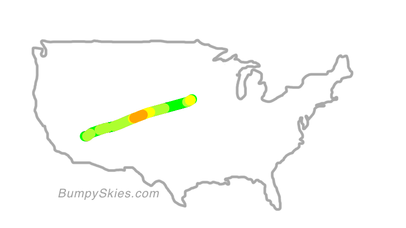 Map of continental US with illustrated flight path and turbulence forecast (described in text below)