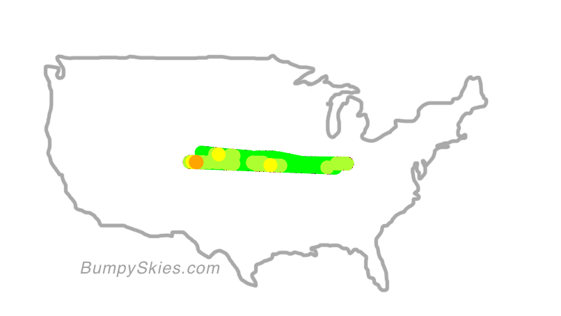 Map of continental US with illustrated flight path and turbulence forecast (described in text below)