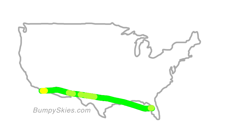 Map of continental US with illustrated flight path and turbulence forecast (described in text below)