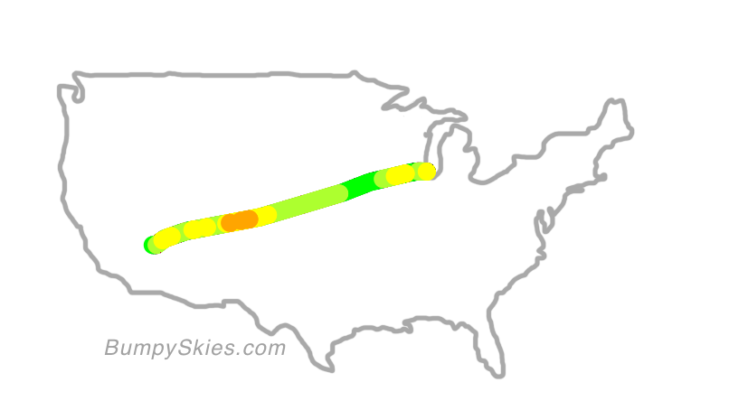 Map of continental US with illustrated flight path and turbulence forecast (described in text below)