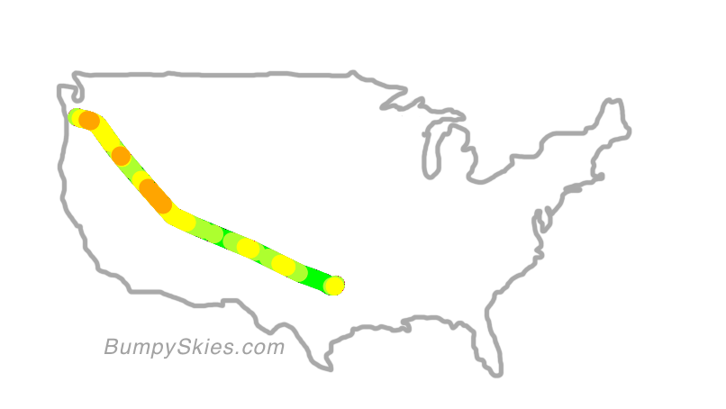 Map of continental US with illustrated flight path and turbulence forecast (described in text below)