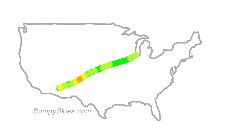 Map of continental US with illustrated flight path and turbulence forecast (described in text below)