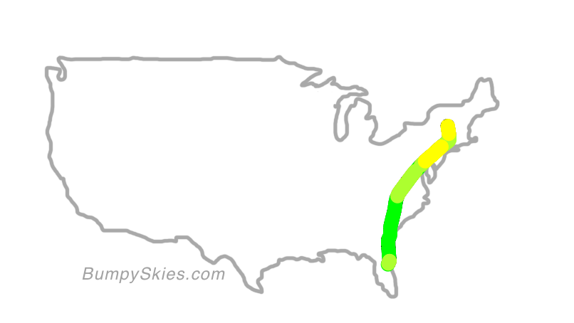 Map of continental US with illustrated flight path and turbulence forecast (described in text below)