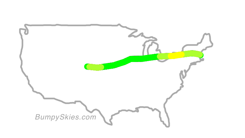Map of continental US with illustrated flight path and turbulence forecast (described in text below)