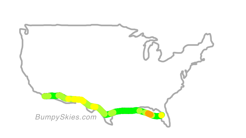 Map of continental US with illustrated flight path and turbulence forecast (described in text below)