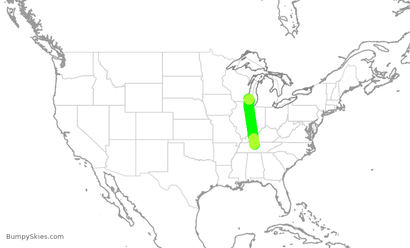 Turbulence forecast map for SWA4387, MKE to BNA
