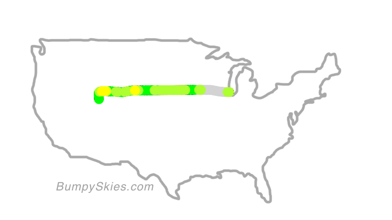 Map of continental US with illustrated flight path and turbulence forecast (described in text below)