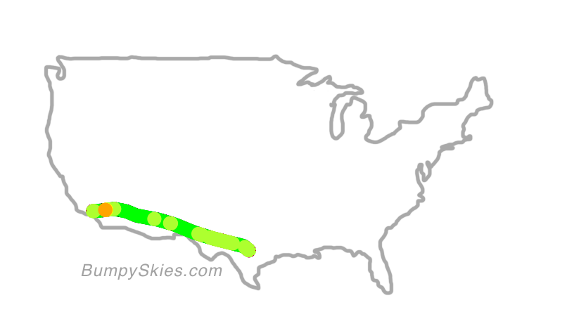Map of continental US with illustrated flight path and turbulence forecast (described in text below)