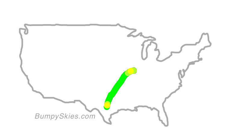 Map of continental US with illustrated flight path and turbulence forecast (described in text below)