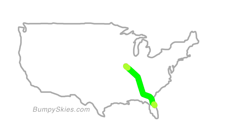 Map of continental US with illustrated flight path and turbulence forecast (described in text below)
