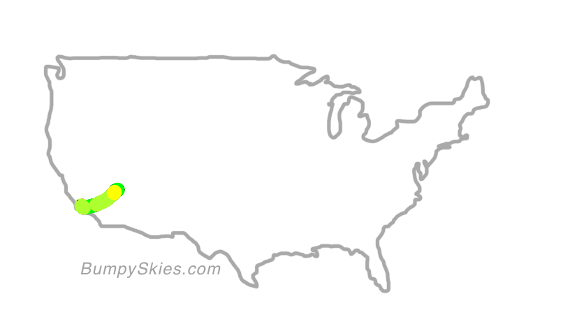 Map of continental US with illustrated flight path and turbulence forecast (described in text below)