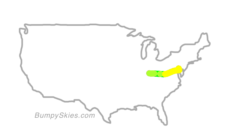 Map of continental US with illustrated flight path and turbulence forecast (described in text below)