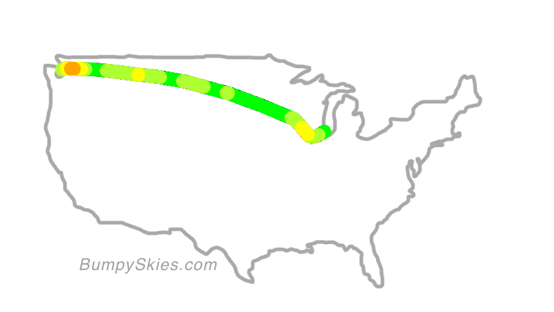 Map of continental US with illustrated flight path and turbulence forecast (described in text below)