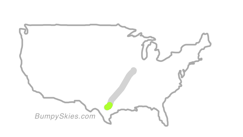 Map of continental US with illustrated flight path and turbulence forecast (described in text below)