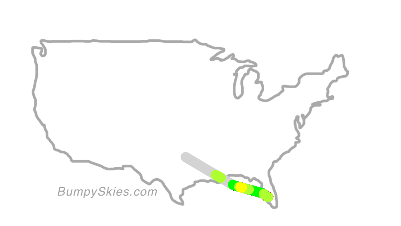 Map of continental US with illustrated flight path and turbulence forecast (described in text below)