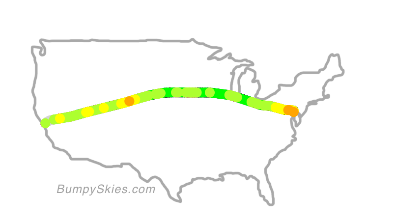 Map of continental US with illustrated flight path and turbulence forecast (described in text below)