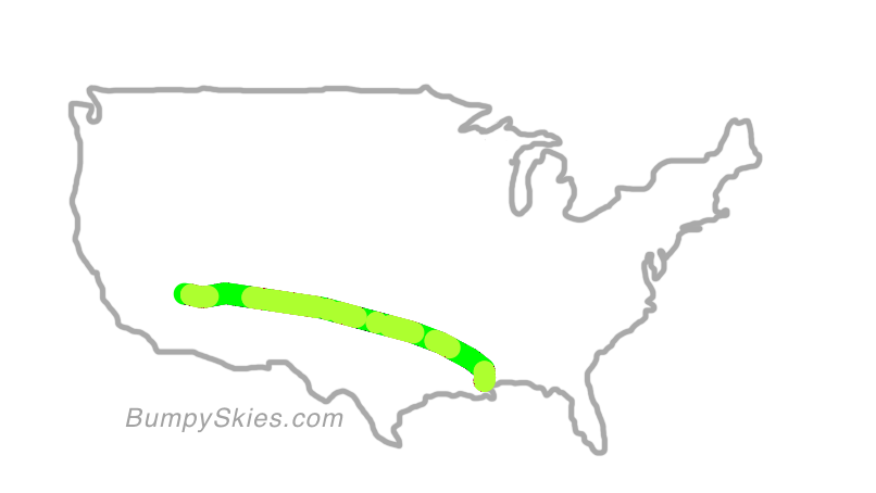 Map of continental US with illustrated flight path and turbulence forecast (described in text below)