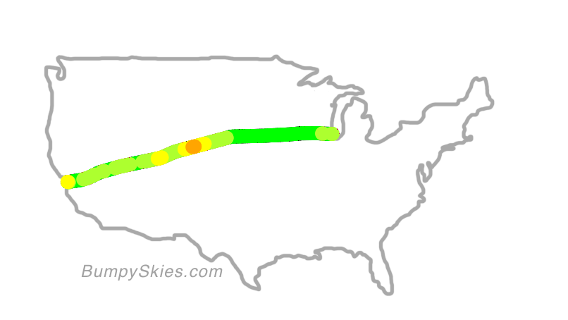 Map of continental US with illustrated flight path and turbulence forecast (described in text below)