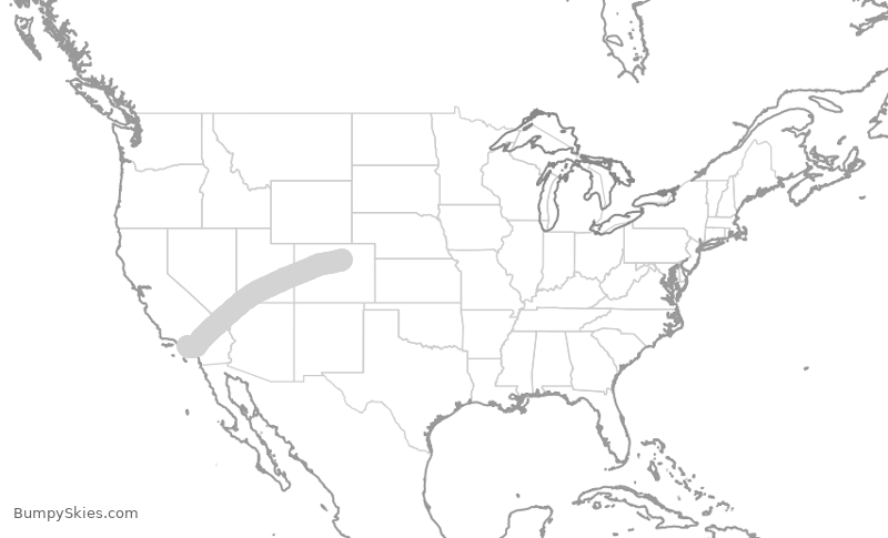 Map of continental US with illustrated flight path and turbulence forecast (described in text below)