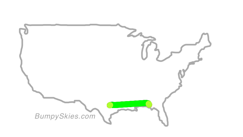 Map of continental US with illustrated flight path and turbulence forecast (described in text below)