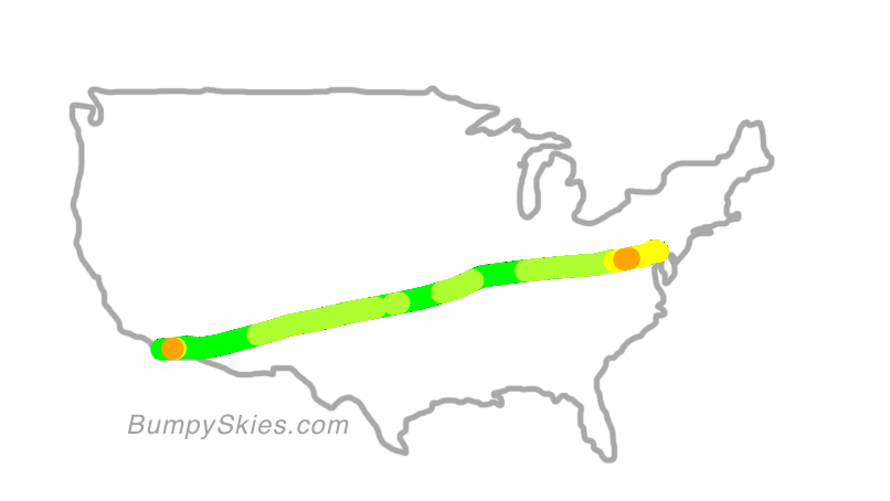 Map of continental US with illustrated flight path and turbulence forecast (described in text below)