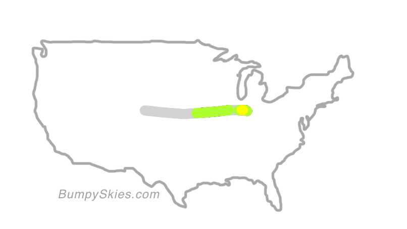 Map of continental US with illustrated flight path and turbulence forecast (described in text below)