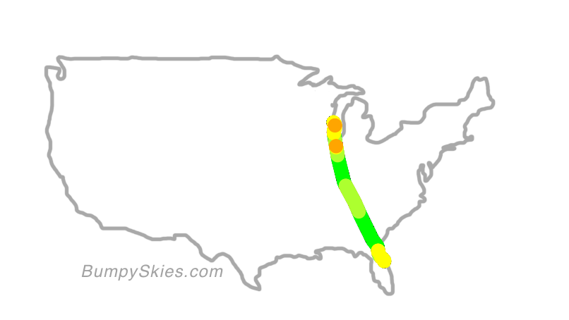Map of continental US with illustrated flight path and turbulence forecast (described in text below)