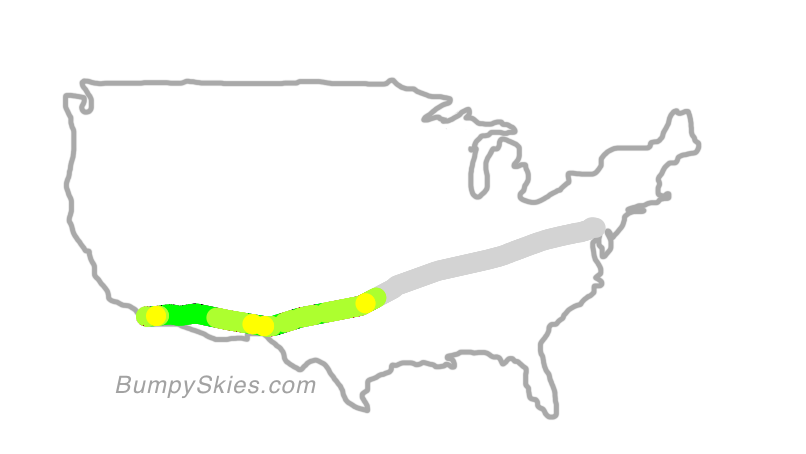 Map of continental US with illustrated flight path and turbulence forecast (described in text below)