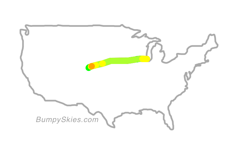 Map of continental US with illustrated flight path and turbulence forecast (described in text below)