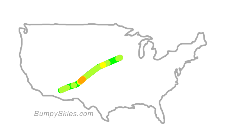 Map of continental US with illustrated flight path and turbulence forecast (described in text below)
