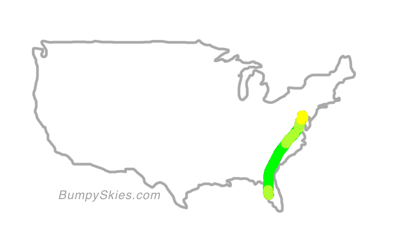 Map of continental US with illustrated flight path and turbulence forecast (described in text below)