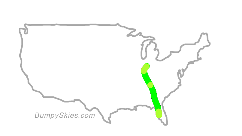 Map of continental US with illustrated flight path and turbulence forecast (described in text below)