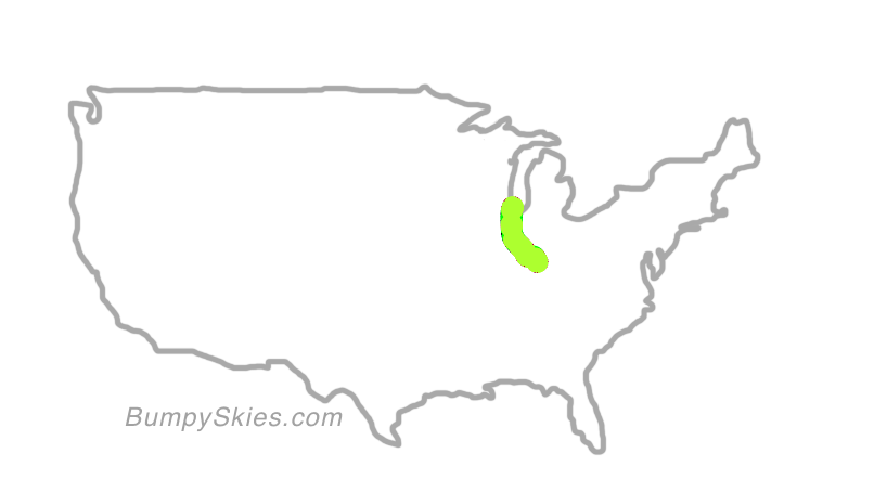 Map of continental US with illustrated flight path and turbulence forecast (described in text below)