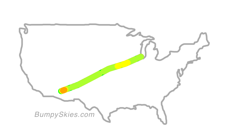 Map of continental US with illustrated flight path and turbulence forecast (described in text below)