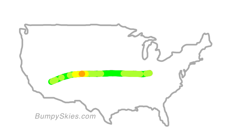 Map of continental US with illustrated flight path and turbulence forecast (described in text below)