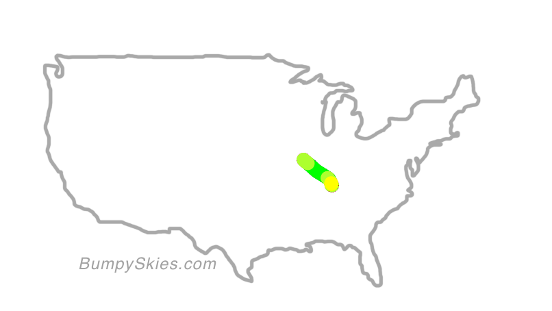 Map of continental US with illustrated flight path and turbulence forecast (described in text below)