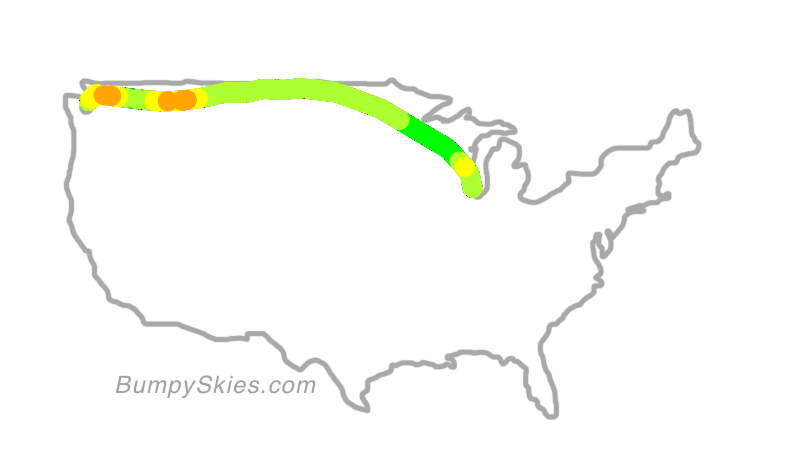 Map of continental US with illustrated flight path and turbulence forecast (described in text below)