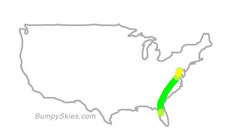 Map of continental US with illustrated flight path and turbulence forecast (described in text below)