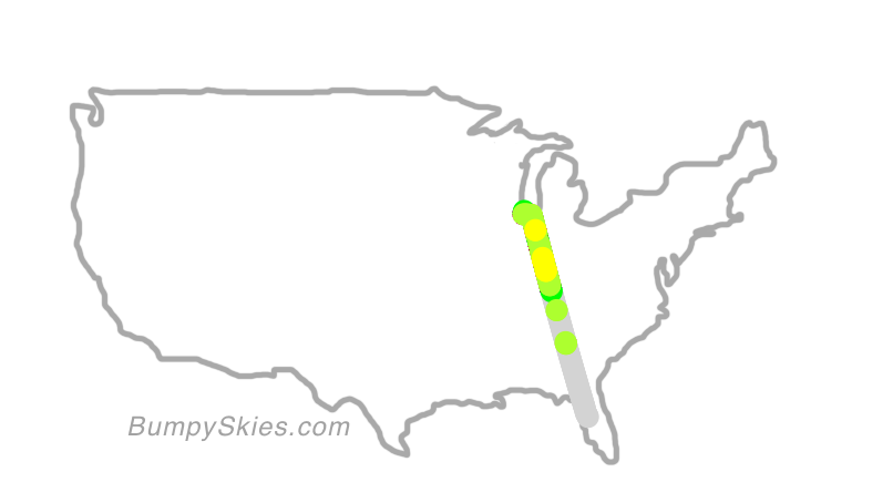 Map of continental US with illustrated flight path and turbulence forecast (described in text below)