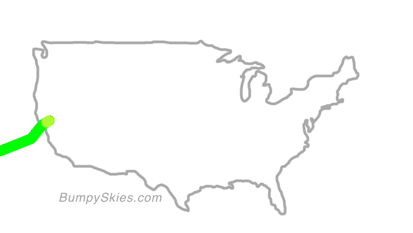 Map of continental US with illustrated flight path and turbulence forecast (described in text below)