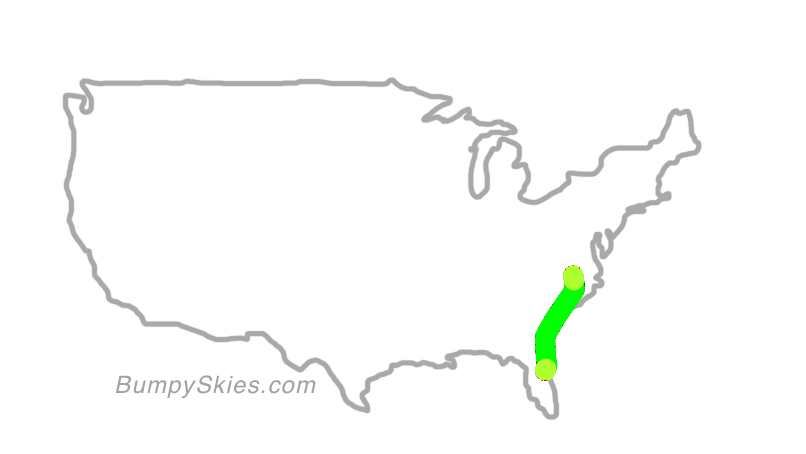 Map of continental US with illustrated flight path and turbulence forecast (described in text below)
