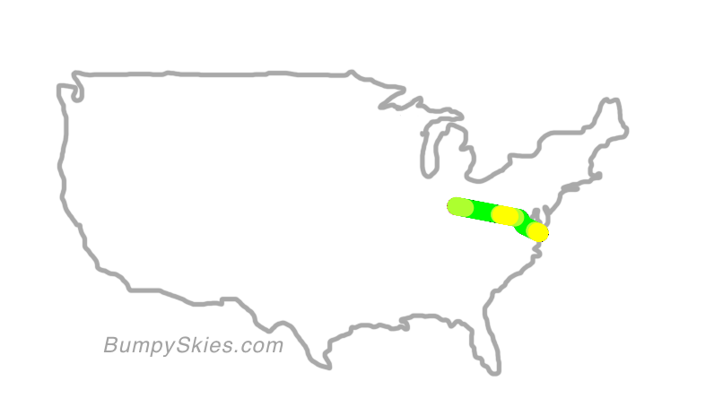 Map of continental US with illustrated flight path and turbulence forecast (described in text below)