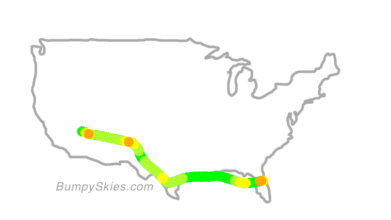 Map of continental US with illustrated flight path and turbulence forecast (described in text below)