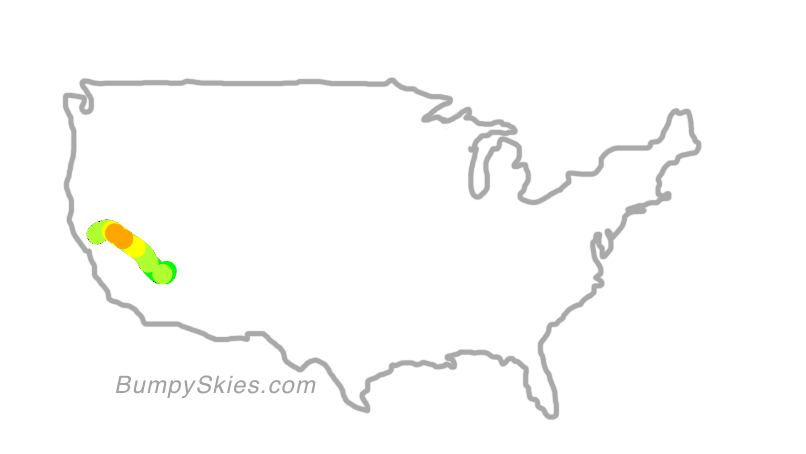 Map of continental US with illustrated flight path and turbulence forecast (described in text below)
