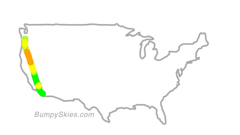 Map of continental US with illustrated flight path and turbulence forecast (described in text below)
