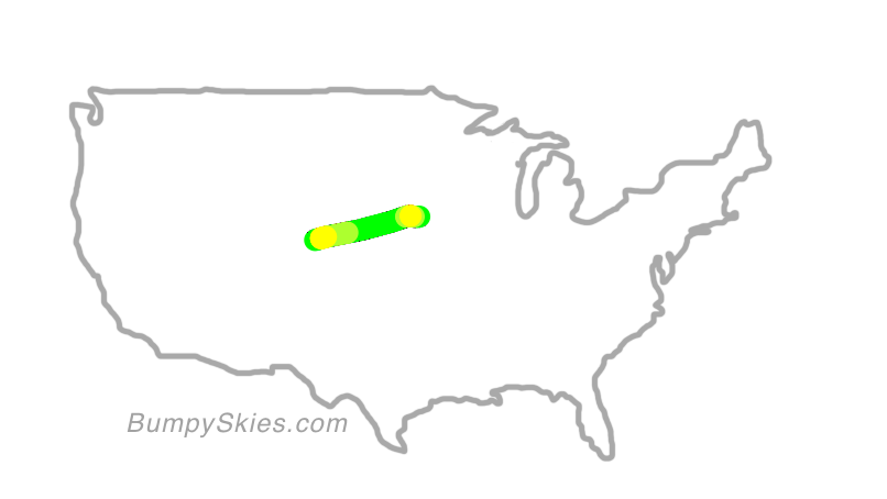 Map of continental US with illustrated flight path and turbulence forecast (described in text below)
